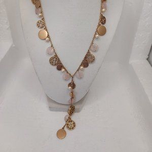 Carolee rose quartz & Rose Gold Disk Lariat Necklace 19"